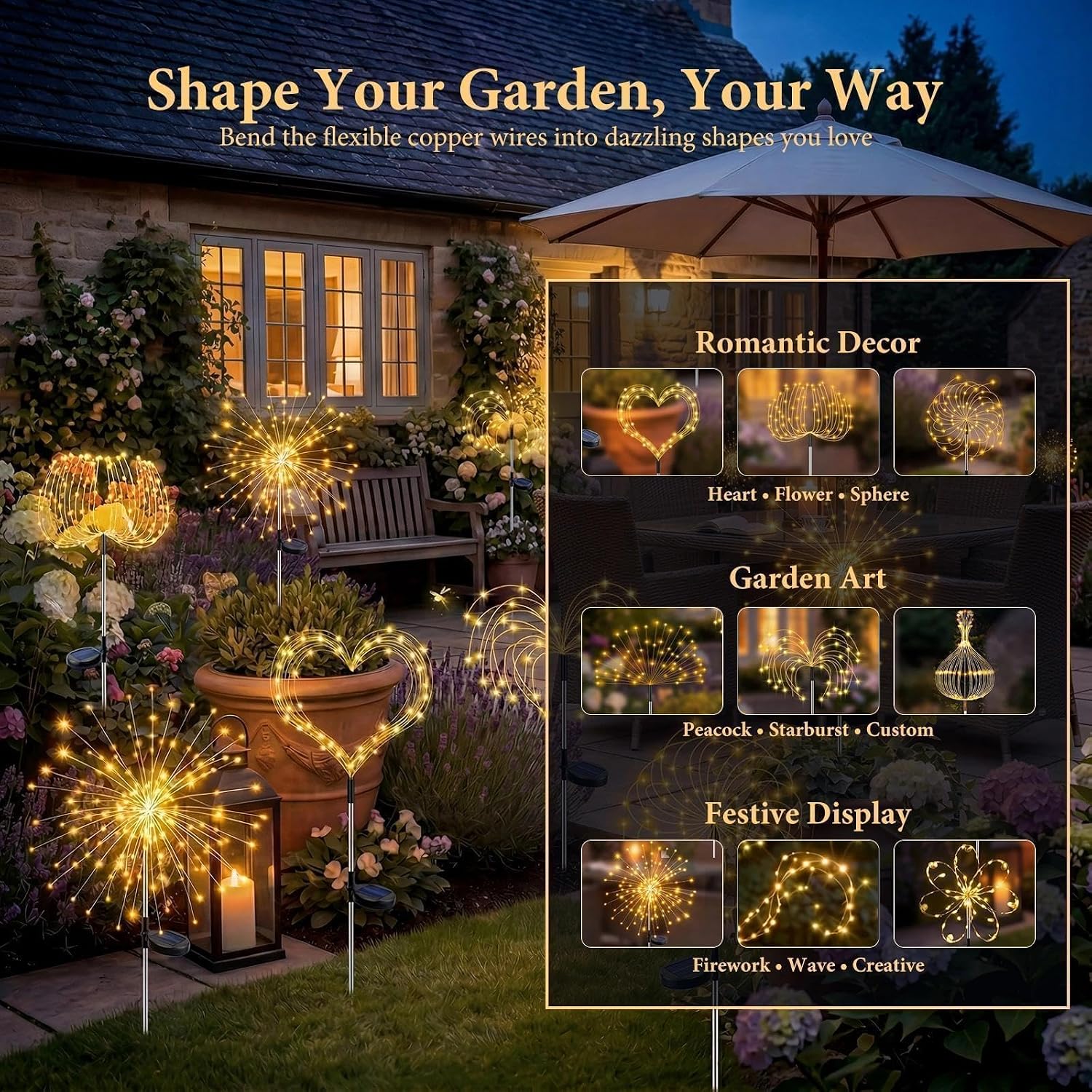 Solar Firework Lights Outdoor 4 Pack, 120LED Solar Starburst Twinkle Garden Lights with 8 Modes,Waterproof Decorative Fairy Light for Garden, Backyard, Halloween & Lawn Landscape Decor