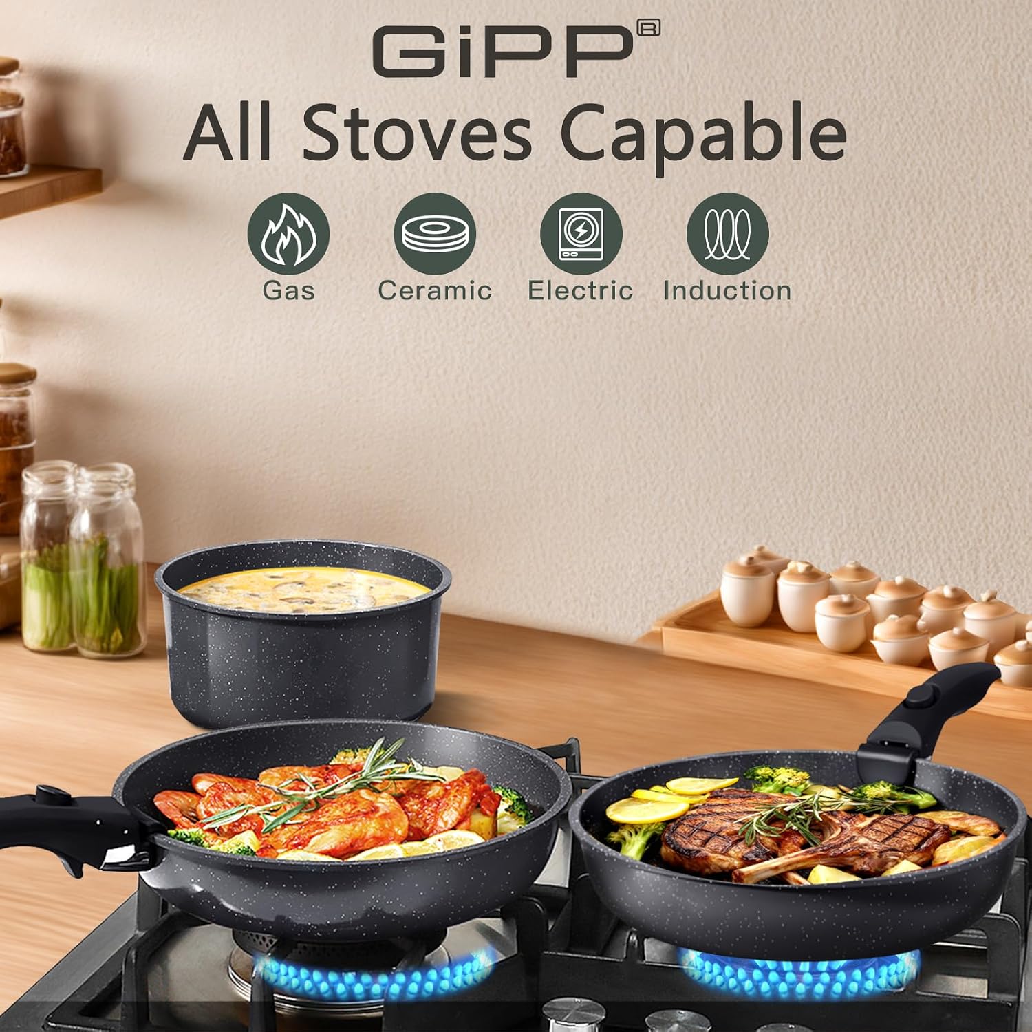 GiPP Ceramic Pots and Pans Set Non Stick, Nonstick Detachable Handle Cookware Sets,Healthy Non Toxic PFAS PFOA & PTFE Free, Dishwasher ＆Oven Safe, Induction Kitchen Pot and Pan, 8 Piece Grey