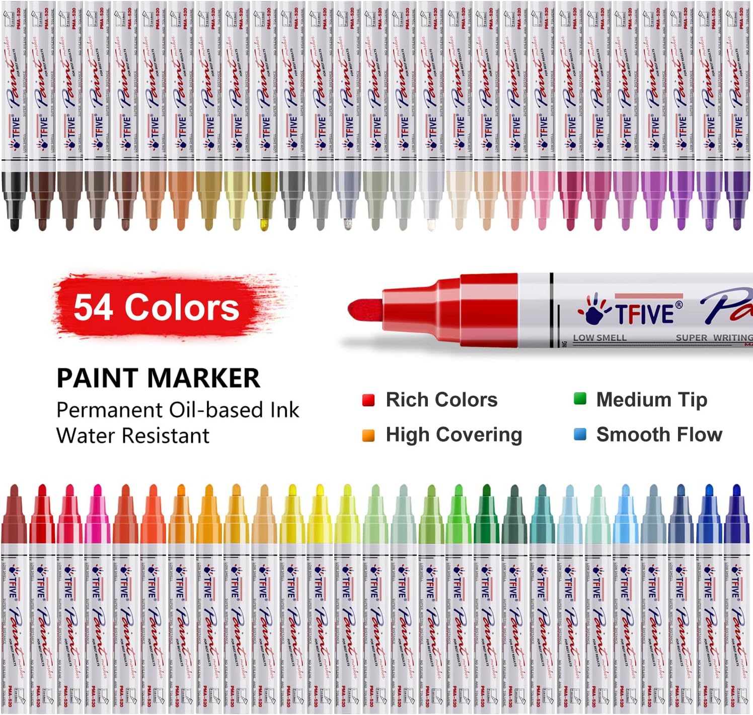 TFIVE Oil Based Paint Markers 54 Colors, Permanent Paint Pens Medium Tip