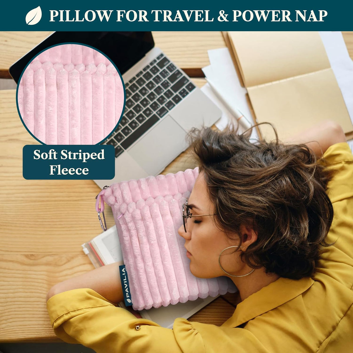PAVILIA Travel Blanket Pillow, Soft Ribbed Fleece Airplane Blanket, Pink