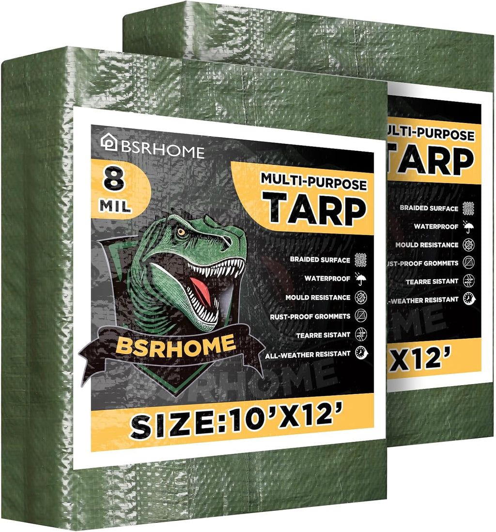 Tarps Waterproof 10x12 Feet, 2 Pack Heavy Duty Green Tarp Cover 8 Mil Thick, Resistant Plastic Tarpaulin with Metal Grommets, Outdoor Tent Cover for Emergency Rain