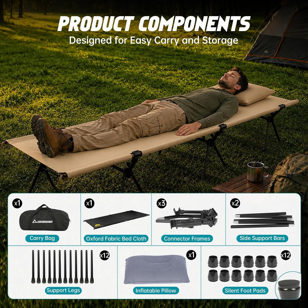 Portable Camping Cot for Adults, Heavy-Duty Folding Cot Bed