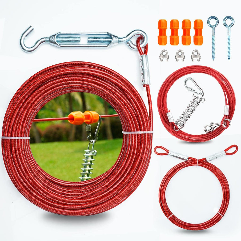 Heavy Duty Aerial Dog Tie Out Trolley System for Small to Large Dogs - Run Cable 100ft /75ft Zipline with 15ft Runner Cable Great for Yard (Red)