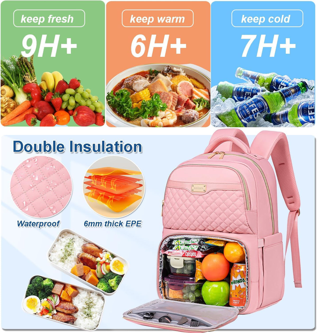 Weitars Lunch Backpack, Insulated Cooler Backpack 15.6 Inch Laptop Backpack For Women Men For Women Nurses Teacher Gifts for College Work Beach Camping Picnics Travel