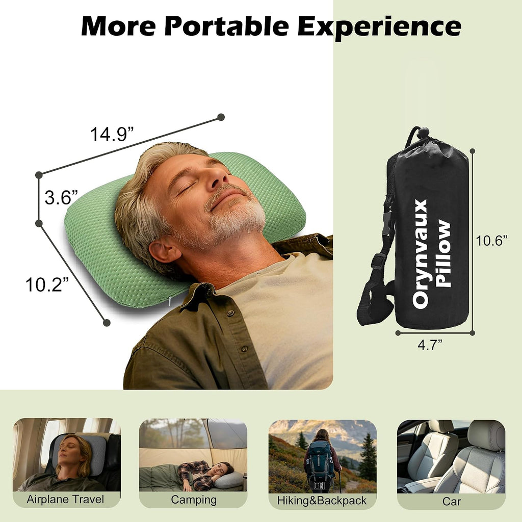 Cooling Travel Pillow, Small Memory Foam Camping Pillow with Adjustable Buckle Strap & Storage Bag, Compact Small Pillow for Airplane, Car Lumbar, Office, Washable Cooling Cover, Canopy Green