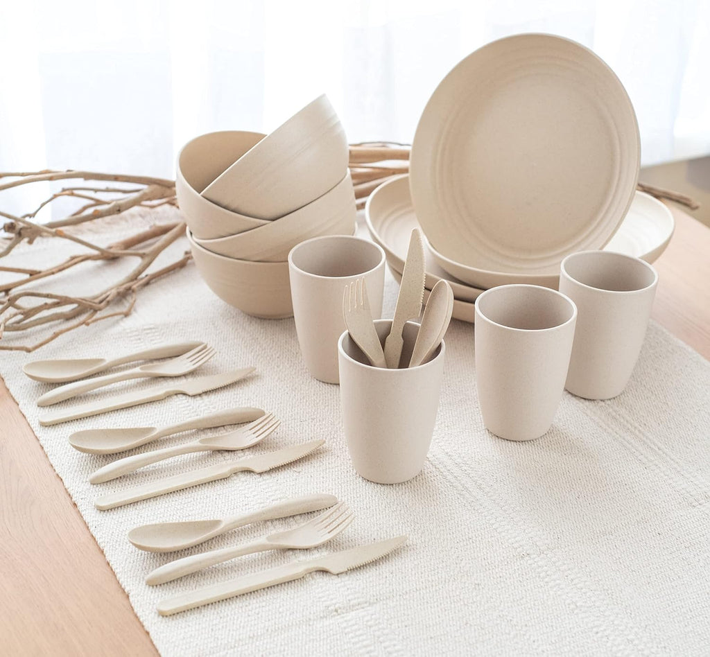 FOODLE Wheat Straw Dinnerware Set - Picnic, Camping Plates Cups and Bowls