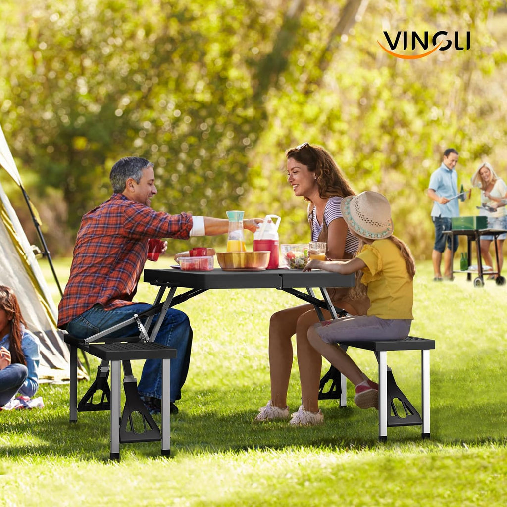 VINGLI 4Ft Portable Folding Picnic Table Camping Table Foldable Set with 4 Seats with Umbrella Hole Suitcase Card Table-220 Lbs Support Aluminum Frame, Plastic RV Tabletop for Yard, Travel