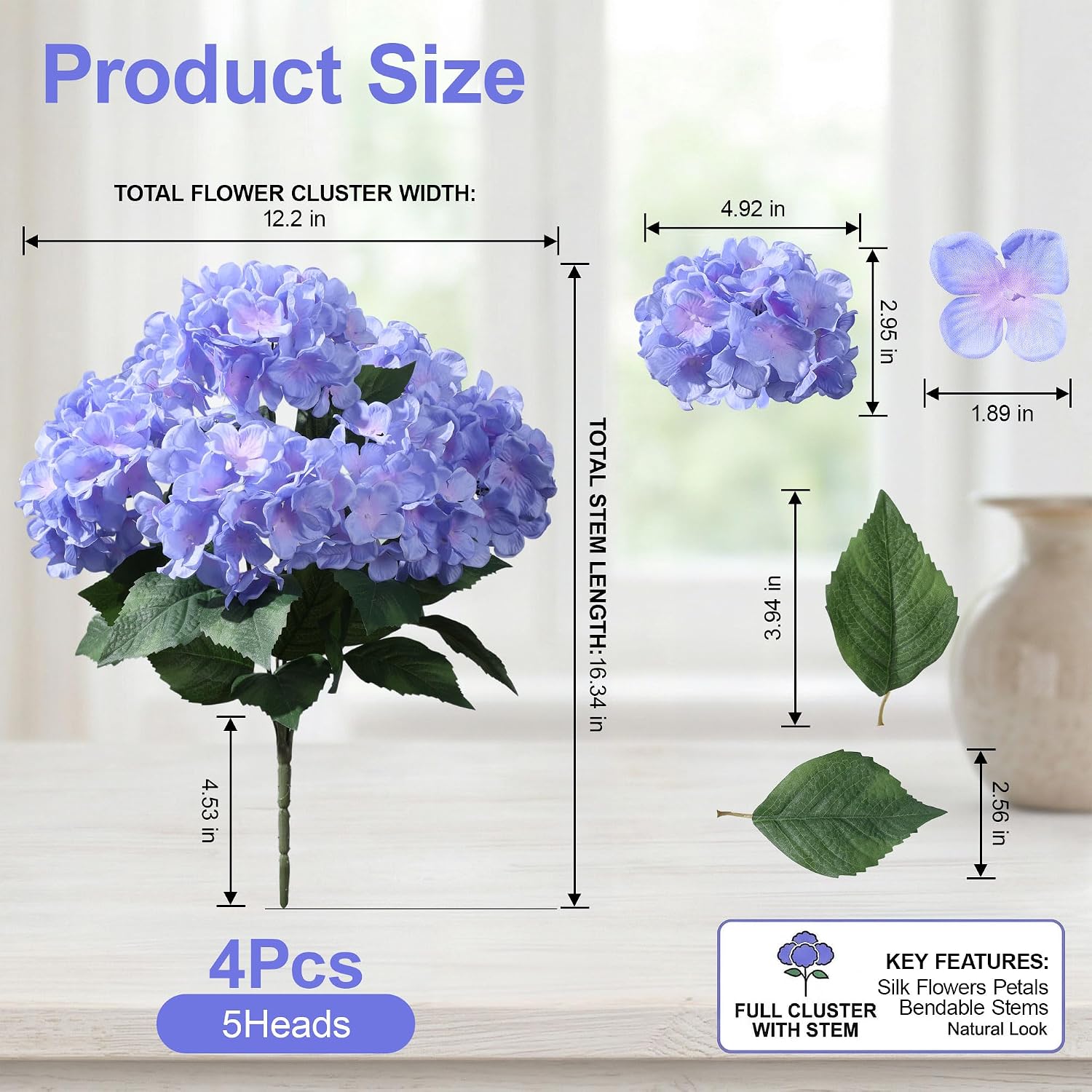 Ivydale Artificial Flowers for Outdoors, 4 PCS Purple Blue Fake Silk Hydrangea Flower Stems for Bouquets UV Resistant Realistic Faux Plants Home Outdoor Wedding Party Centerpieces Decor