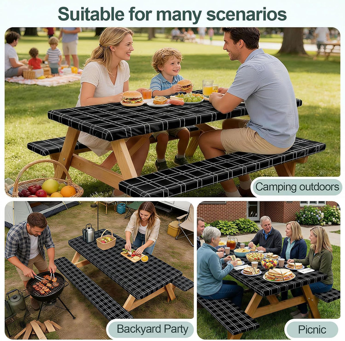 Picnic Table Cover with Bench Covers Camping Essentials Waterproof Windproof Camping Tablecloth with Drawstring Bag, Fitted Rectangle Tables and Seats, 72in, Black Checkered