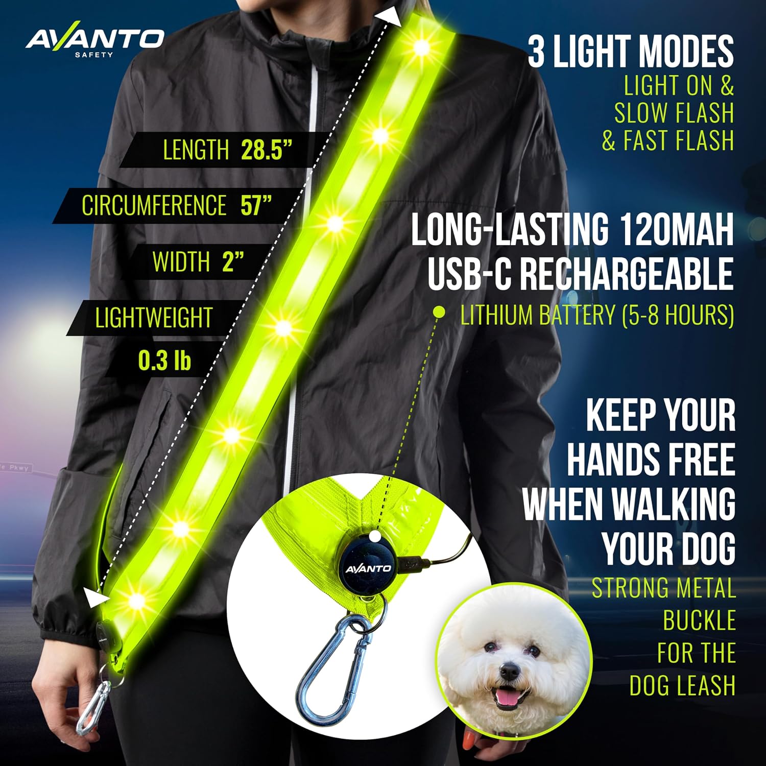 AVANTO LED Reflective Sash,Original, Running Lights for Runners,USB Rechargeable