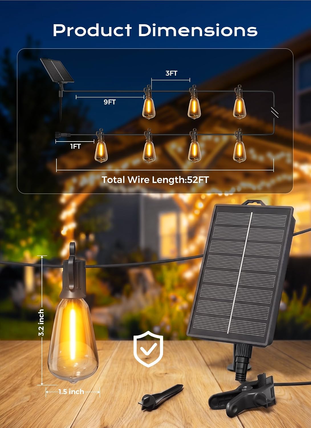 Brightown 52FT Solar String Lights Outdoor Waterproof, Up to 26Hrs Runtime
