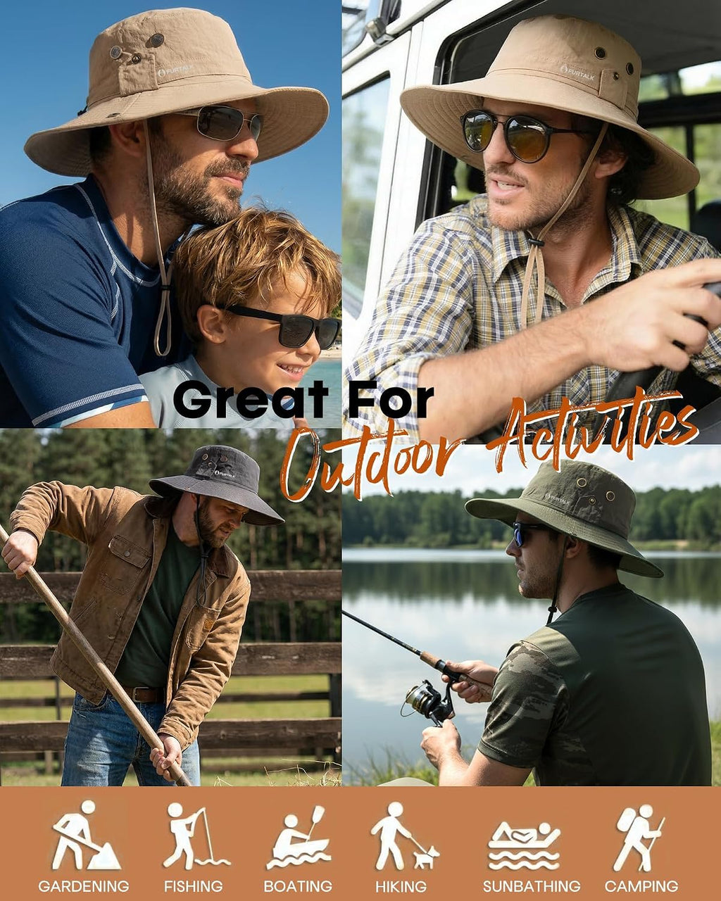 FURTALK Sun Hats for Men Fishing Hat UPF Protection Wide Brim Bucket Hat