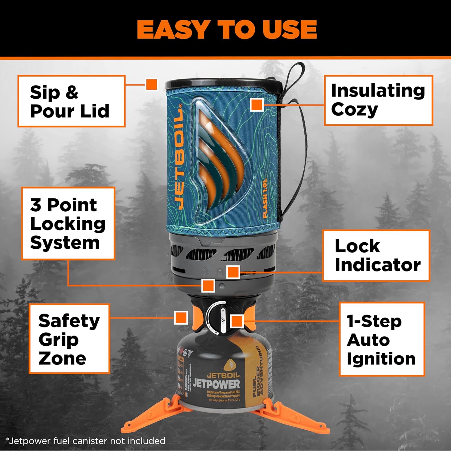 Jetboil Flash 1.0L Portable Fast Boil Stove for Camping and Backpacking with 1-Step Auto Ignition, Propane/Isobutane Burner with Cooking Cup, Ocean Topo