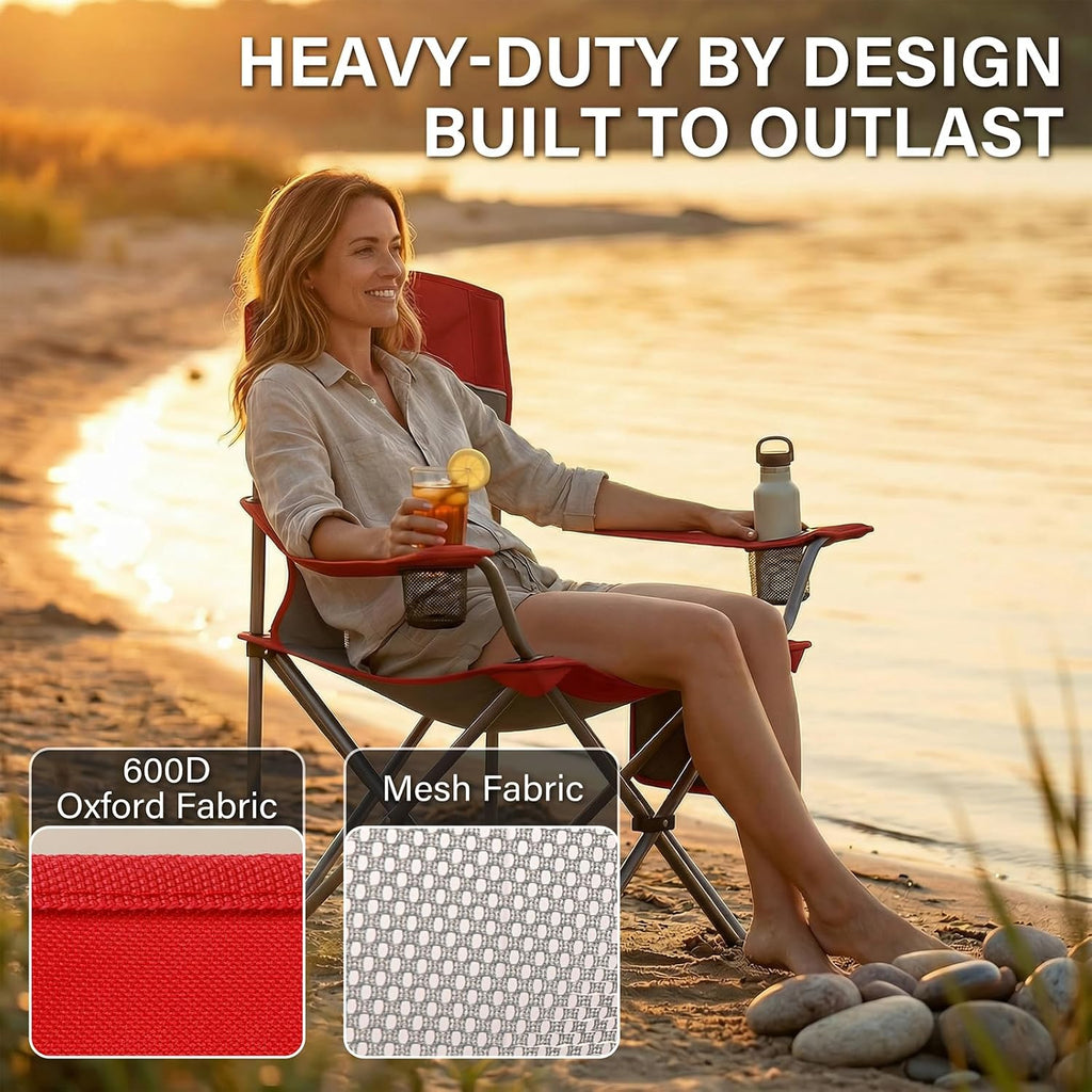2 Pack Camping Chairs for Adults,Oversized Mesh Back Lawn Chair with Cup Holder, Side Pocket&Bag for Outdoor,Beach,Picnic,Fishing,and Sports,Breathable,Heavy Duty,Red