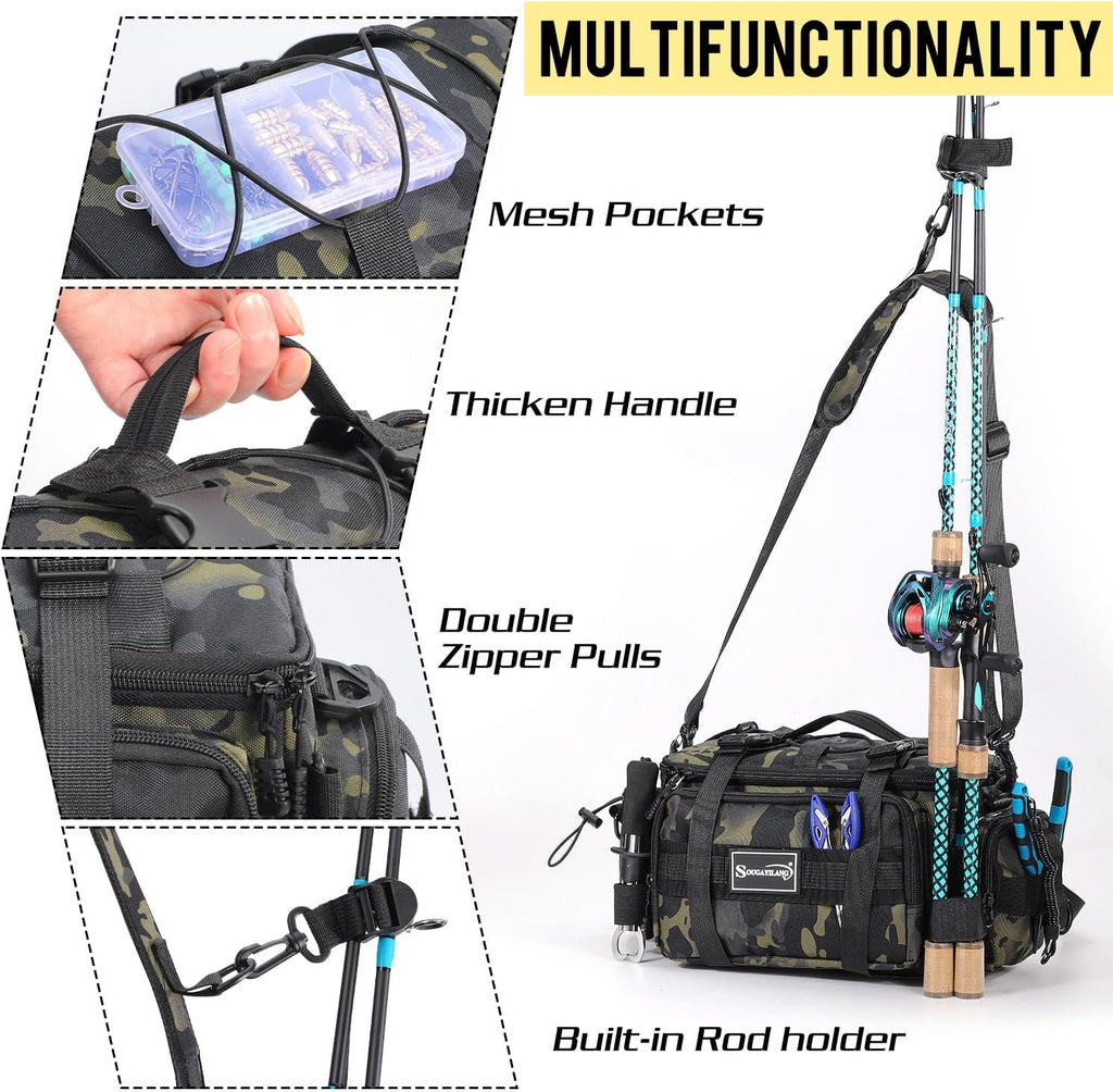 Sougayilang Fishing Tackle Bags with 3600 Tackle Tray - Fishing Tackle Storage Bags for Saltwater or Freshwater Fishing Gear - Padded Shoulder Strap - Tackle Box Bag Fishing Bag(Green)