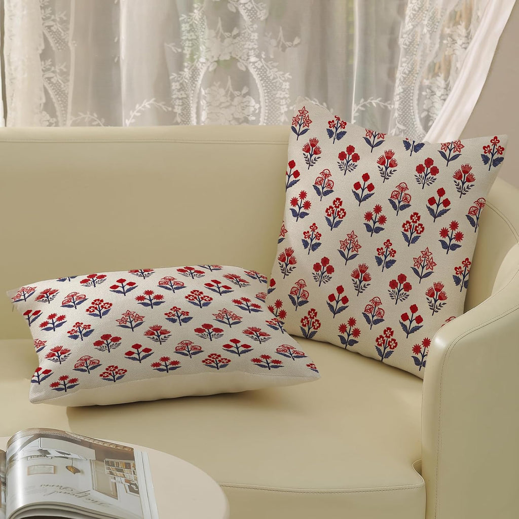 4th of July Pillow Covers 18x18 Inch 2 Pcs Red Blue Block Print Vintage Floral Patriotic Outdoor Decor Throw Pillows Memorial Day Holiday Decoration Pillowcase Linen Cushion Cover for Couch