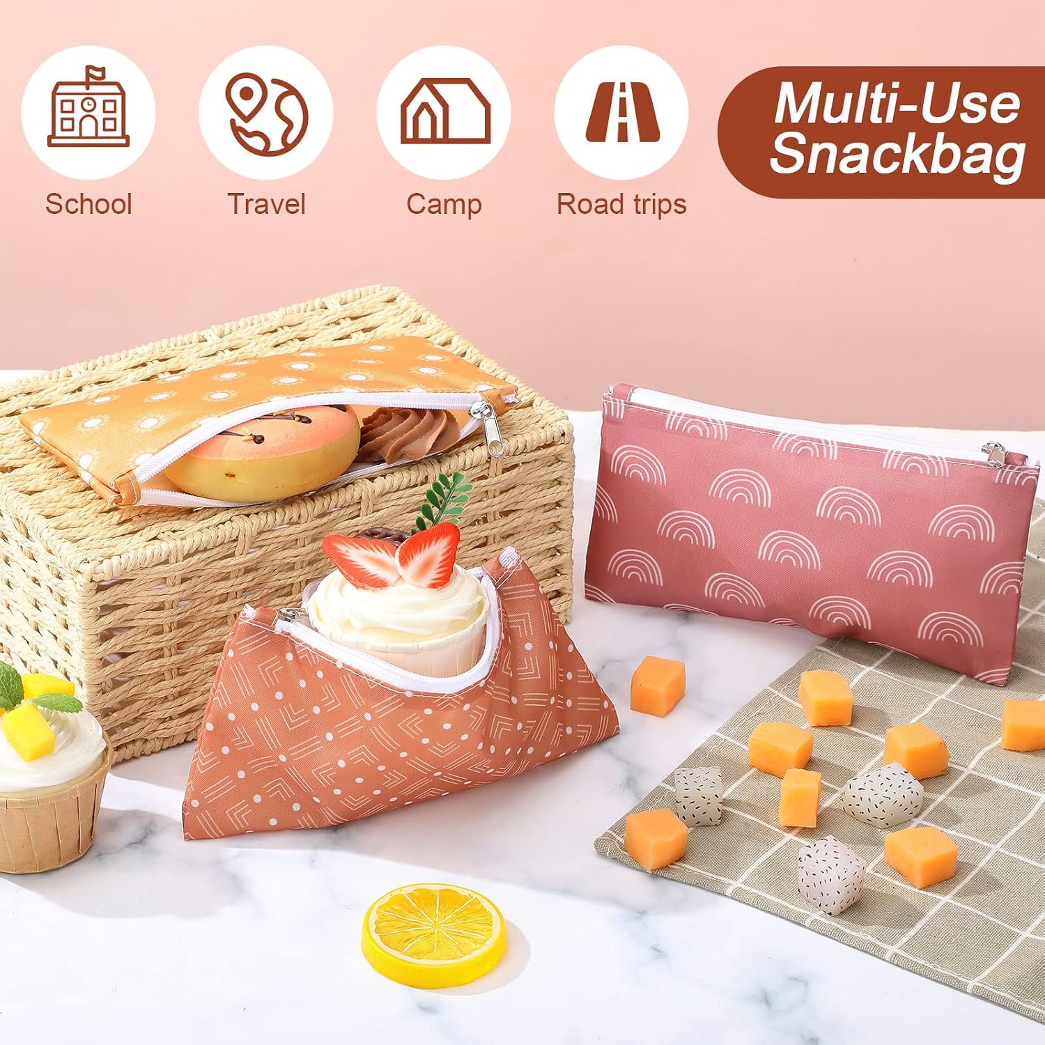 6 Pcs Reusable Snack Bag for Kid School Lunch Adult Portion Washable Fabric