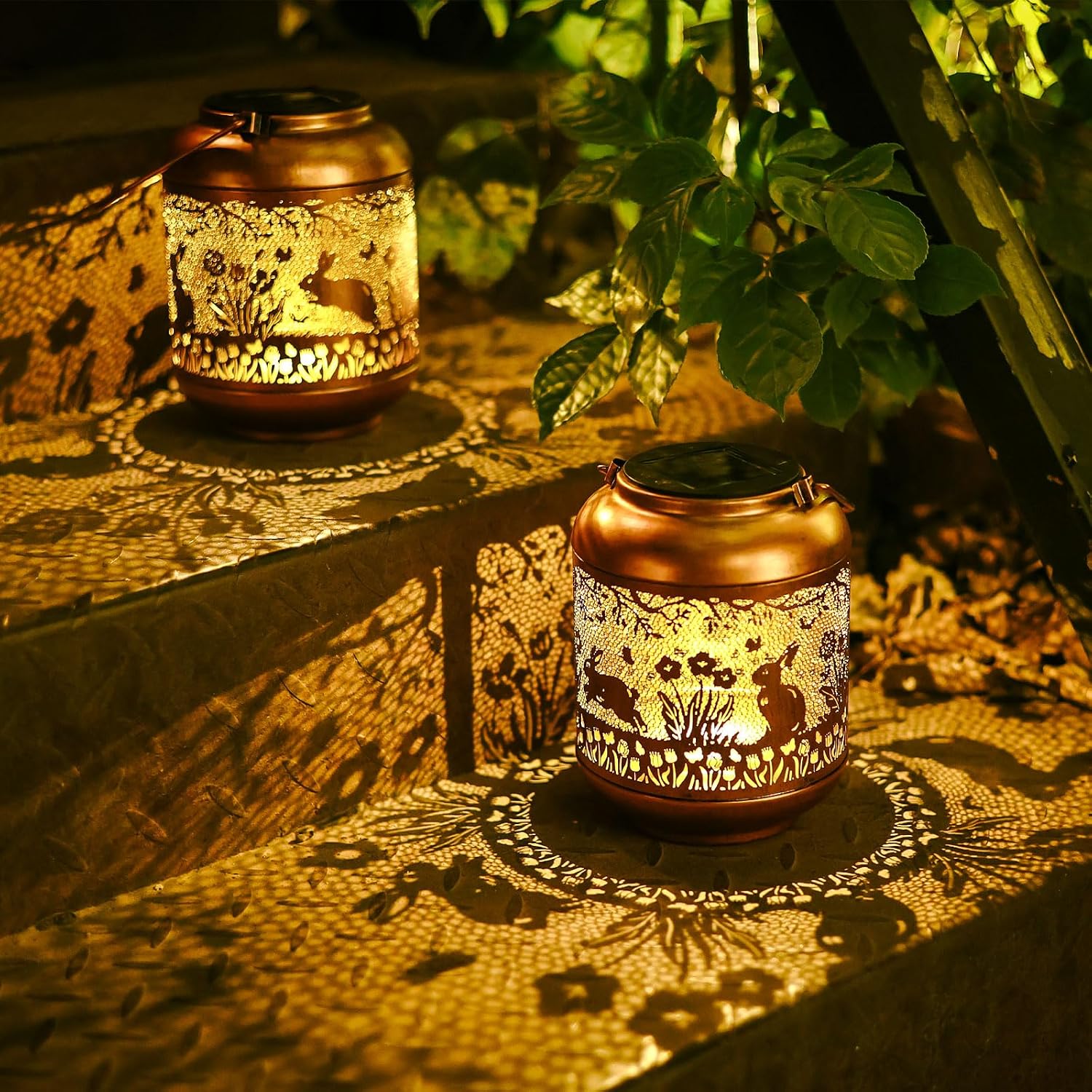 2Pack Rabbit Solar Lanterns Outdoor Waterproof Hanging Solar Lights Easter Bunny Gifts for Women Mom Grandma Metal Decorative LED Lantern Outside for Garden Decor,Yard,Patio,Lawn,Porch,Pathway