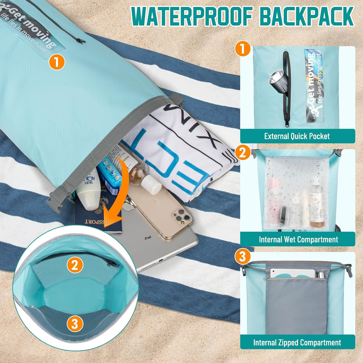 BKNOOU Dry Bag Waterproof for Kayaking, Roll Top Backpack for Women Men