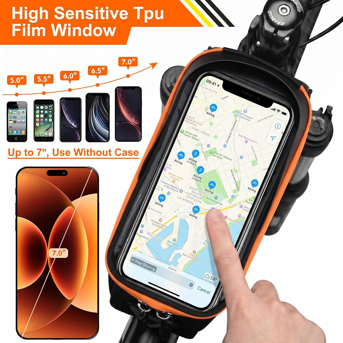 Bicycle Phone Frame Repair Bag with Tire Patch and Inflate Pump - Portable Travel Emergency Tool Kit, Bike Accessories for Adult Bikes with IPX4 Waterproof and Compatible Phone Under 7"
