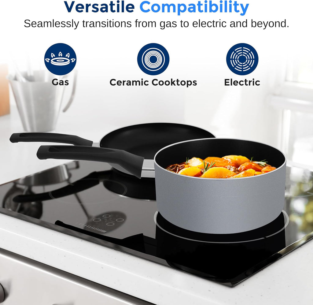 SereneLife Kitchenware Pots and Pans Set, Basic Kitchen Nonstick Cookware Set, Heat Resistant Lacquer (6-Piece Set), One Size, Gray