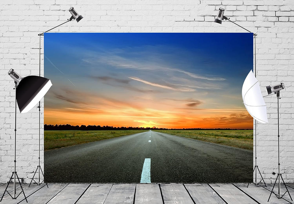 Fabric 7x5ft Highway Road Backdrop Countryside Road Trip Backdrop for Photography Sunset Nature Landscape Background Travel Birthday Party Baby Shower Banner Men Kids Photoshoot Prop