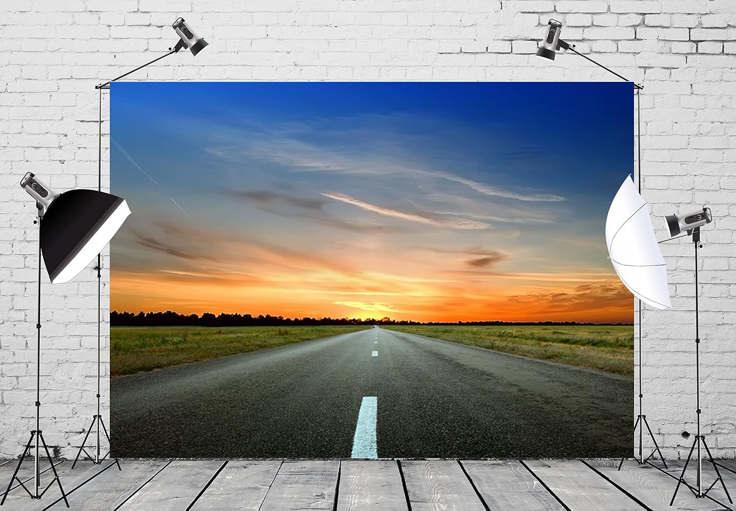 Fabric 7x5ft Highway Road Backdrop Countryside Road Trip Backdrop for Photography Sunset Nature Landscape Background Travel Birthday Party Baby Shower Banner Men Kids Photoshoot Prop