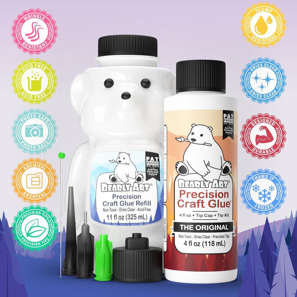 Bearly Art Precision Craft Glue Bundle - 4 fl oz Original & 11 fl oz Refill