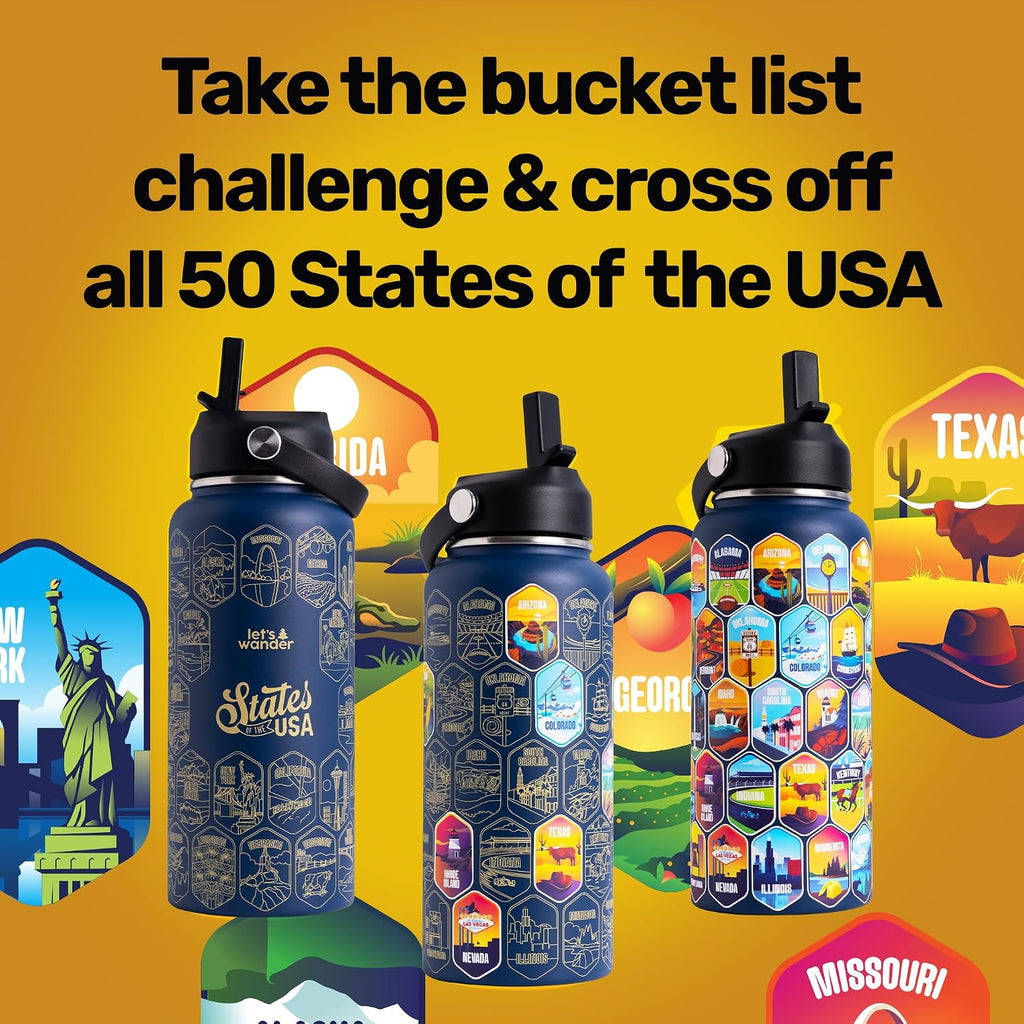 LET'S WANDER Lets Wander 50 States Water Bottle with Waterproof Stickers - 32oz Leakproof Insulated Stainless Steel with Straw - States of the USA Gift Bottle (Blue)