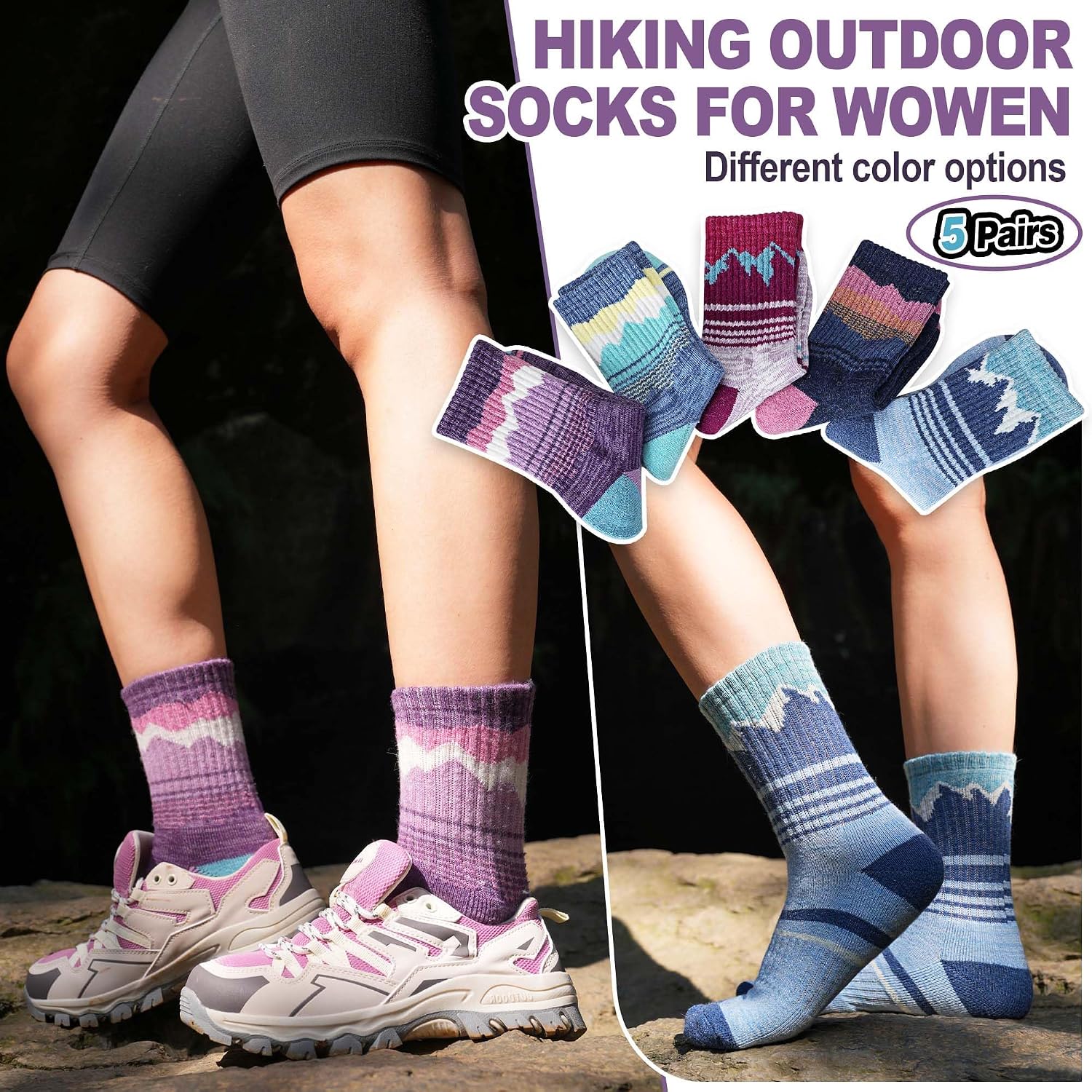 Sandsuced Merino Wool Hiking Warm Socks Thermal Winter Cozy Crew with Cushioned Sole & Moisture Wicking 5 Pairs for Women