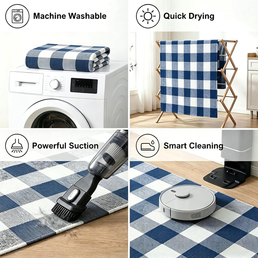 MUBIN Cotton Buffalo Plaid Rug, 3' x 5' Navy Blue White Outdoor Rug Front Door Decorative Mat, Washable Doormat Foldable Area Rug Layered Door Mats Rug for Front Porch, Entryway, Patio