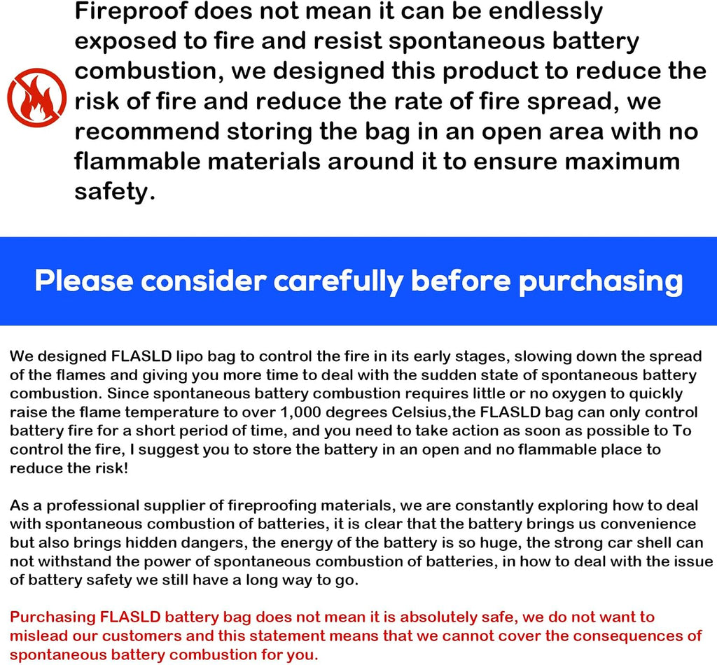 FLASLD 2-Pack E-Bike Battery Bag Fireproof Safe Charging Bag Explosionproof Lipo Battery Bag Large Capatity for Storage Charging (16 x 4.3 x 5in)