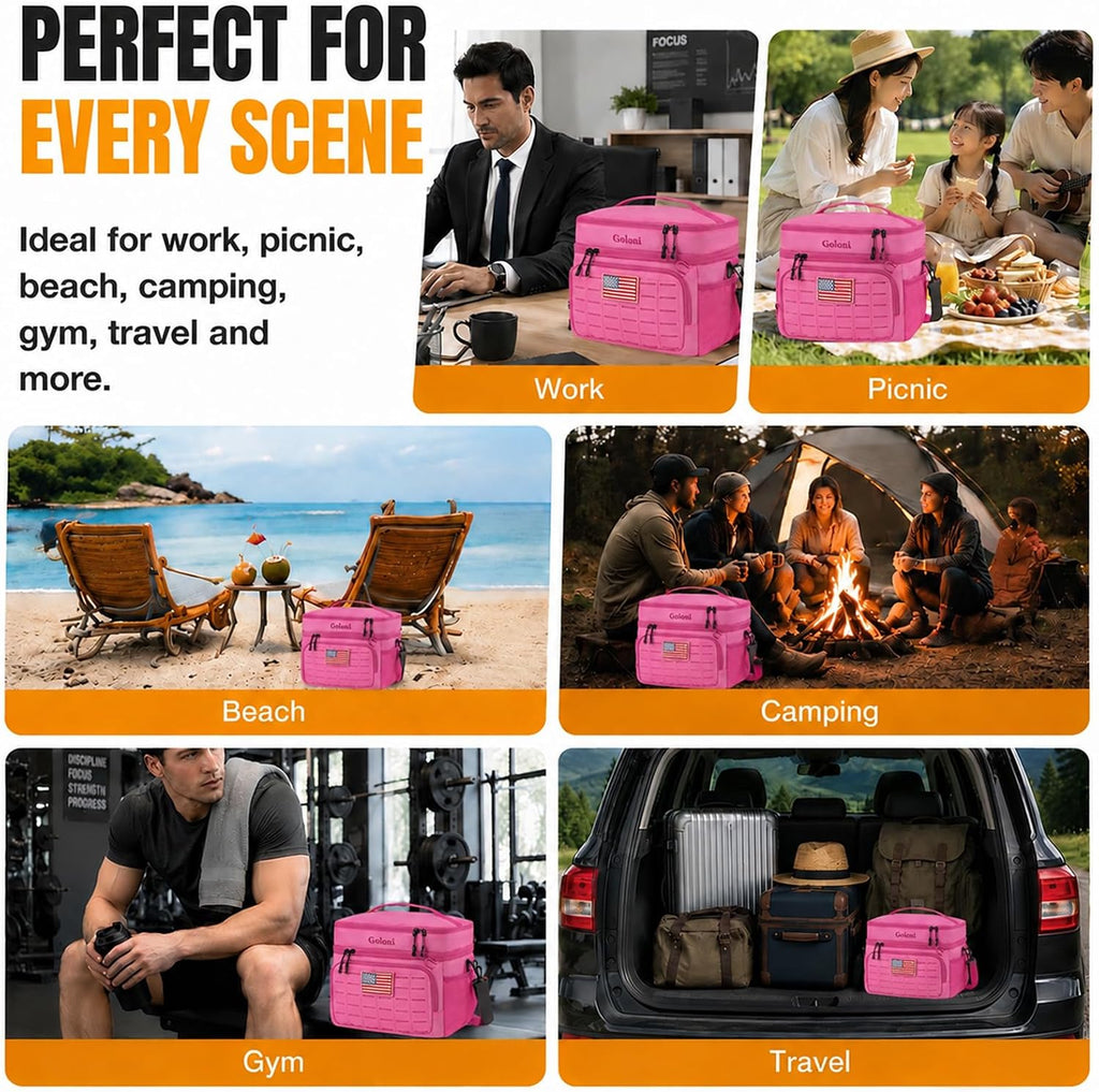 Goloni Lunch Box for Men & Women, Small Cooler Soft Thermal Leakproof Bag with Shoulder Strap, Multi-Pockets for Picnic, Beach, Camping