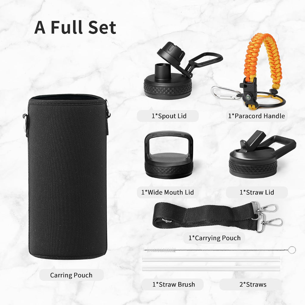Trebo Insulated Water Bottle 32 oz with 3 Lids, Paracord Handle & Sleeve