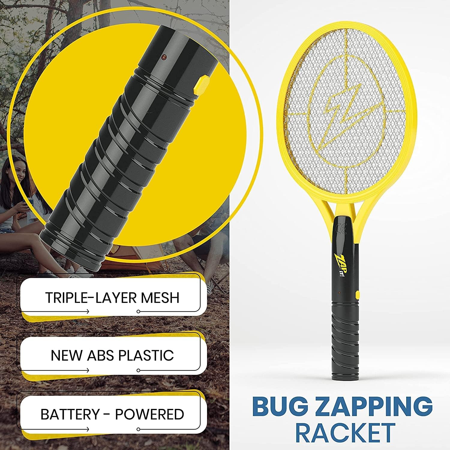 ZAP IT! Electric Fly Swatter Racket - 3,500 Volt Bug Zapper Racket - Battery-Powered Mosquito Zapper with 2 AA Batteries Included -Large-Yellow- Lightweight and Compact for Indoors or Outdoor
