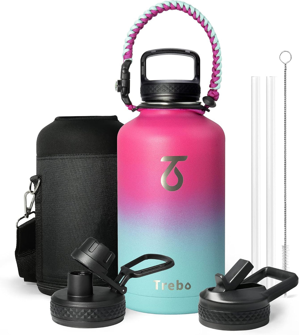 Trebo 64 oz Water Bottle Stainless Steel with 3 Lids, Paracord Handle & Bag