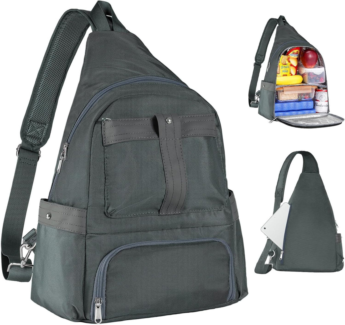 Crossbody Lunch Backpack, Double Deck Insulated Lunch Box for Men Women Adult, Leakproof Lunchbox with Side Pokets for iPad, Large Cooler Bag for Work Office Hiking Beach Picnic, Grey
