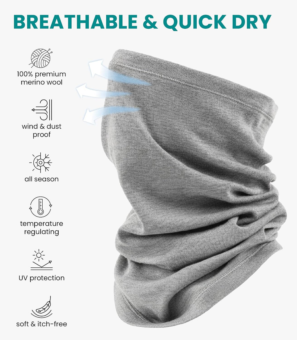 100% Merino Wool Neck Gaiter, 17.5um Face Mask, Unisex Neck Warmer 1-2 Pack