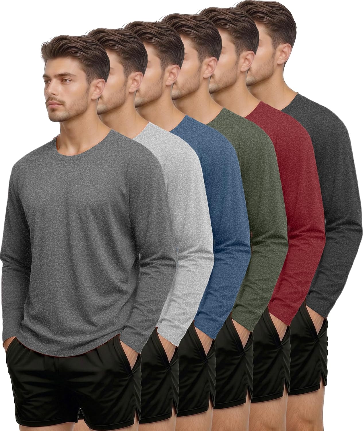 Kinglaman 6 Pack Men Dry Fit Workout Long Sleeve UPF 50+ Athletic Gym Shirt