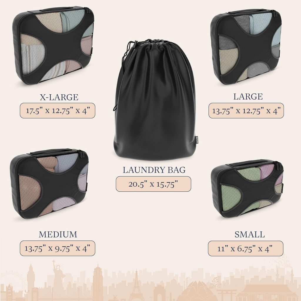 Shacke 5 Set Packing Cubes for Travel with Laundry Bag (Pure Black)