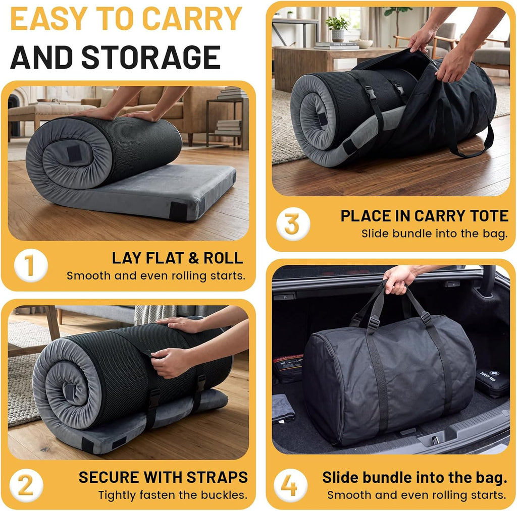 Memory Foam Camping Mattress Pad 3 inch,CertiPUR-US Sleeping Mat with Non-Slip Bottom,Portable Roll up Mattress Mats for Camping,Tent,Treavle,Car,Floor Bed,Dark Grey