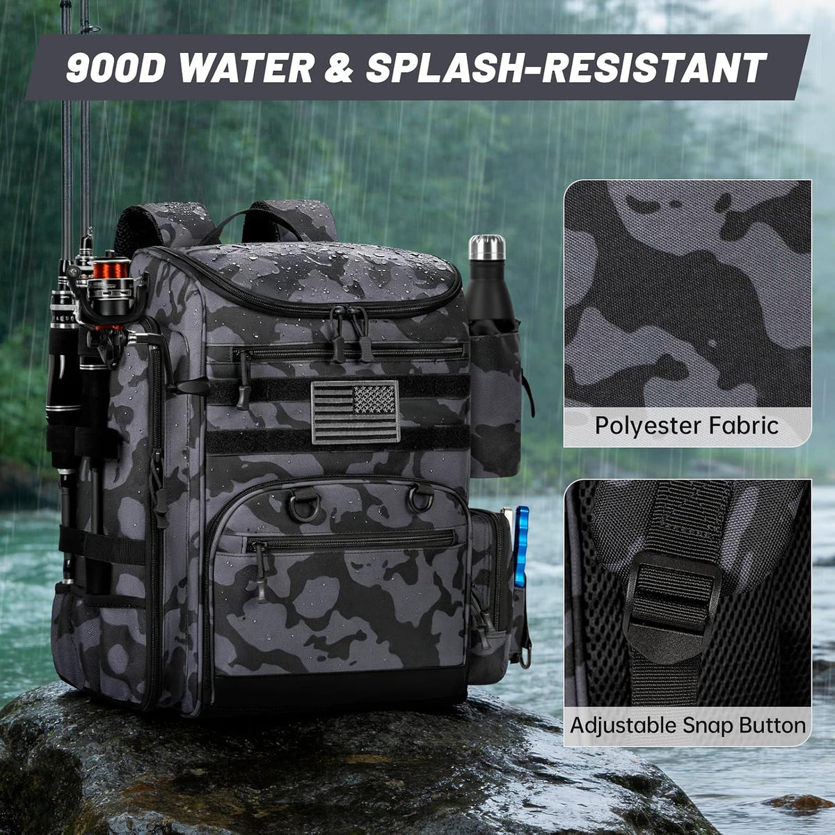 40L Tackle Fishing Backpack with 2 Rod Holders, Fits 4 3600 Trays