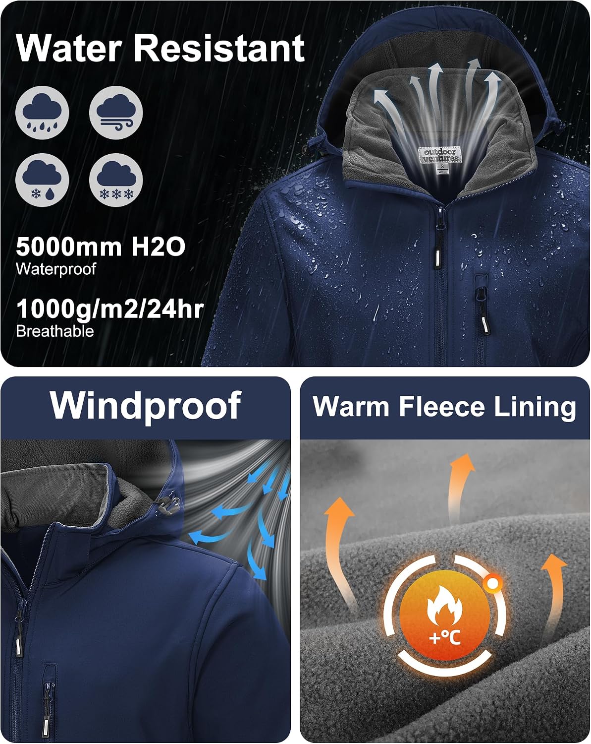 Outdoor Ventures Men's Softshell Jacket Waterproof Fleece Rain Shell Coat