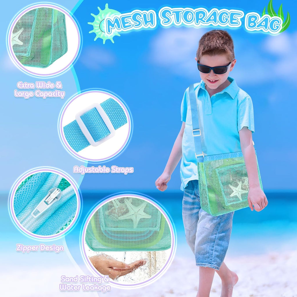 FHOZGECY 2 Pack Beachcombing Kit with Sifters for Beach Vacation Essentials | Collapsible Buckets, Stainless Mesh Sifters, Scoops and Mesh Bags for Shelling, Outdoor Exploration Play for Kids Ages 3-12