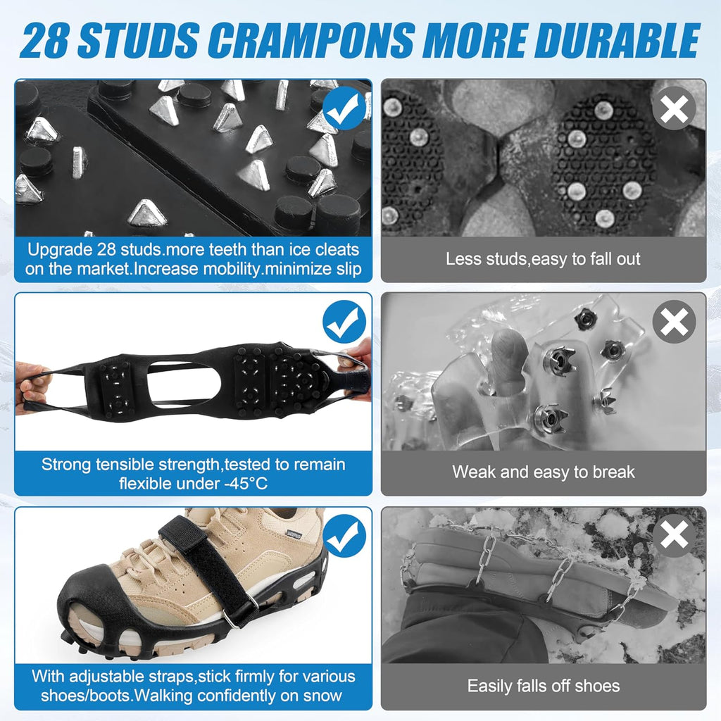 Ice Cleats Snow Walk Traction Cleats Crampon for Walking on Snow and Ice Upgrade 28 Studs Non-Slip Overshoe Rubber Anti Slip Crampons Slip-on Stretch Footwear