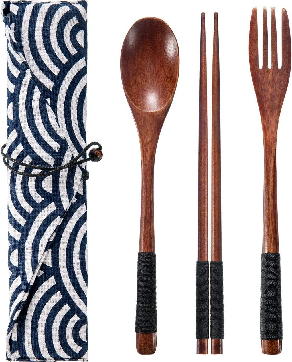 Tatuo 2 Sets Wooden Utensil Set, Portable Spoon Fork Chopsticks with Pouch