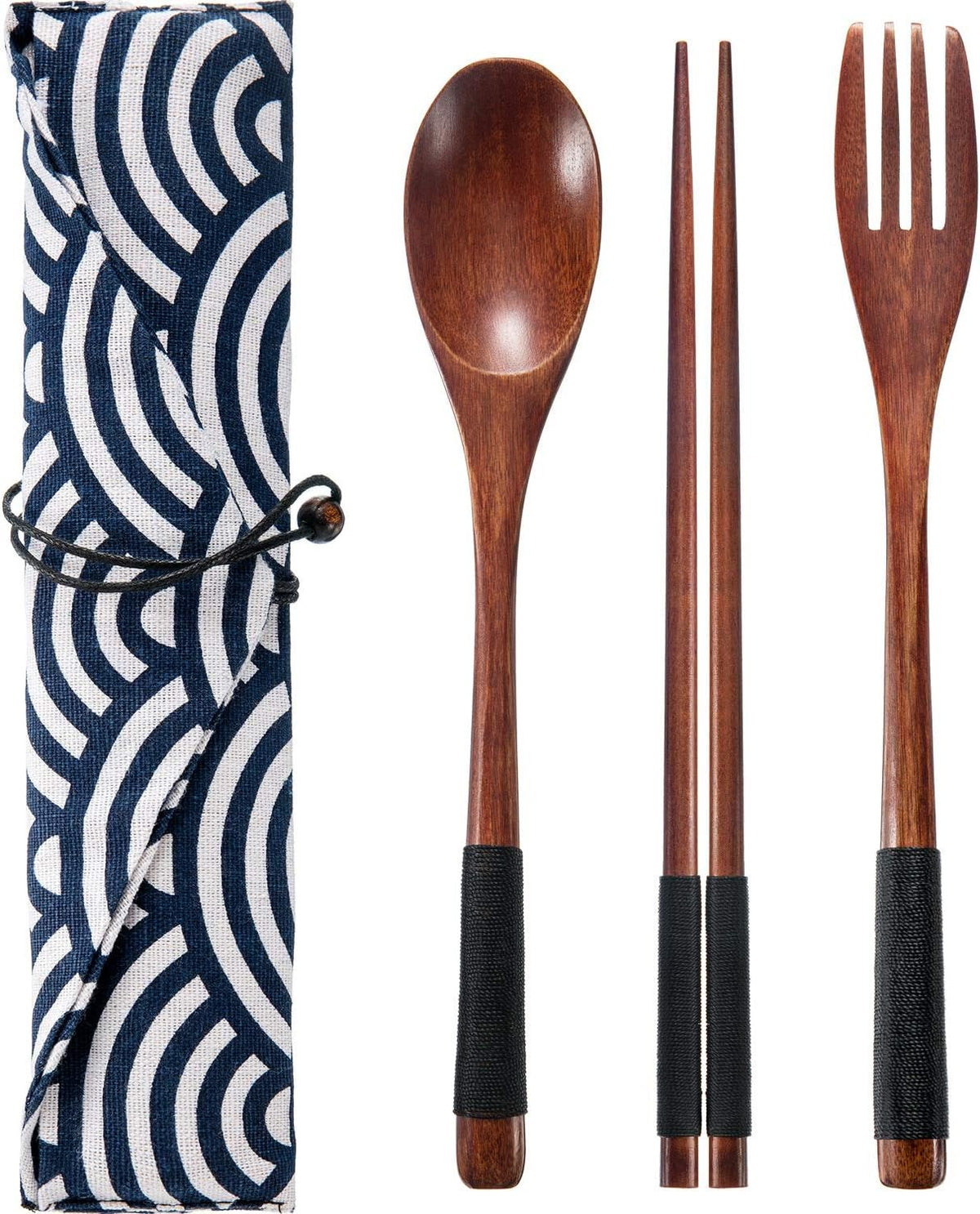 Tatuo 2 Sets Wooden Utensil Set, Portable Spoon Fork Chopsticks with Pouch