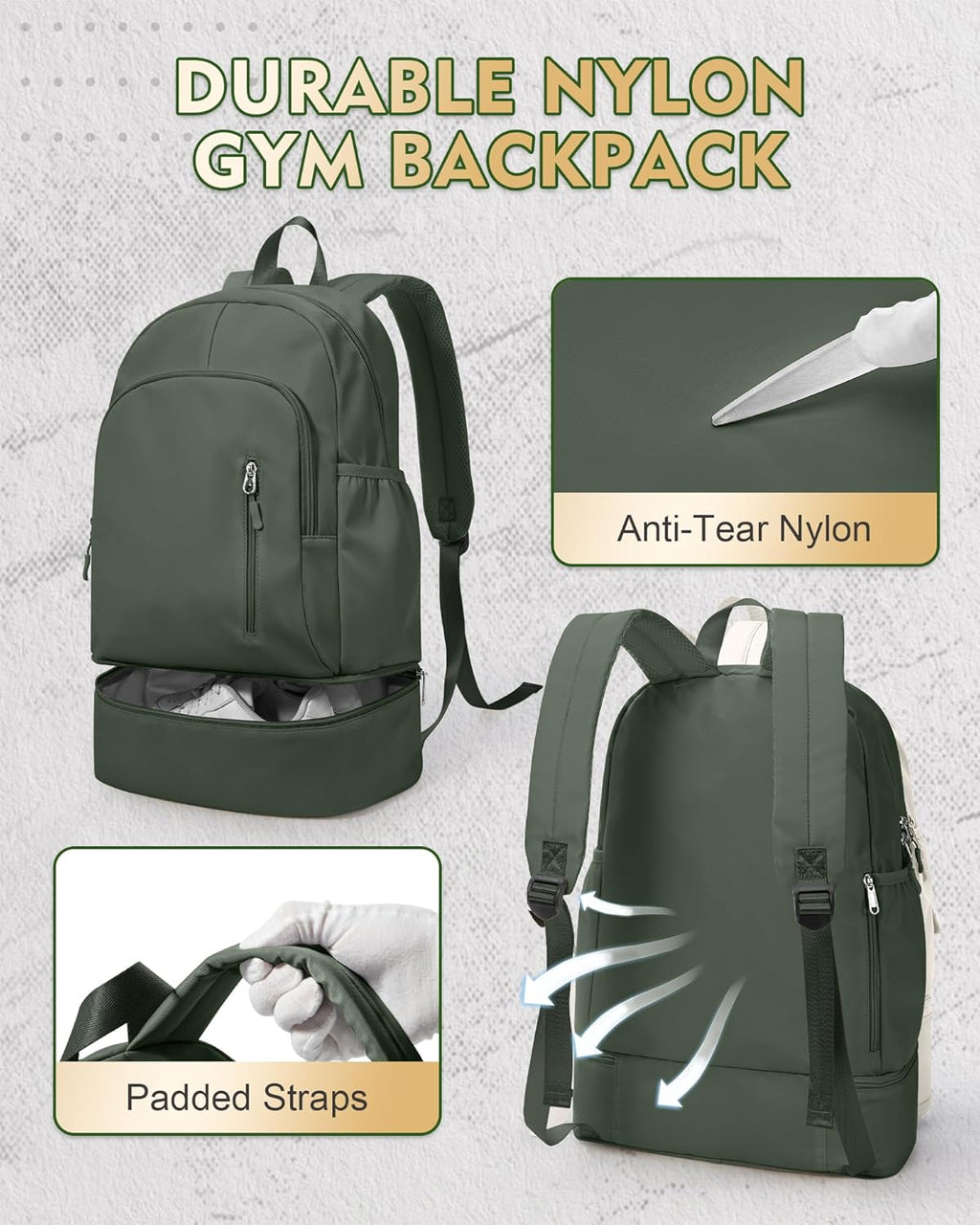 Gym Backpack for Women Men, Lightweight Gym Bag with Shoe Compartment, Waterproof Sports Backpack with Wet Pocket, Green