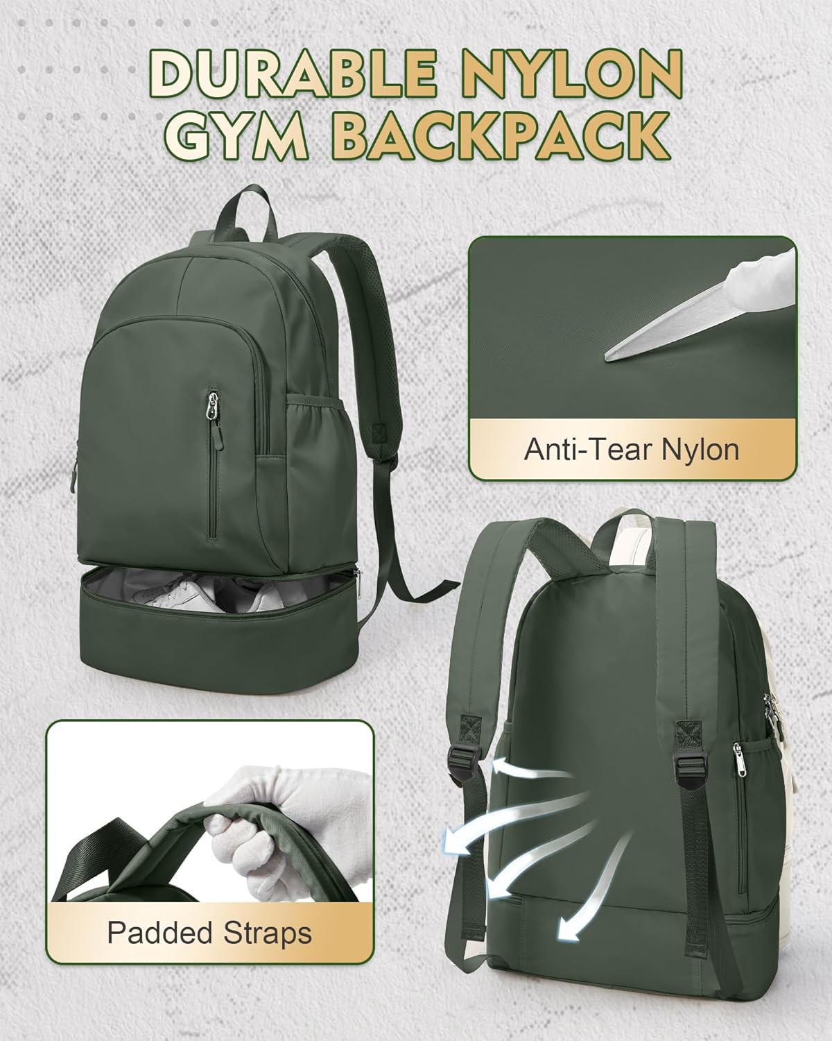 Gym Backpack for Women Men, Lightweight Gym Bag with Shoe Compartment, Waterproof Sports Backpack with Wet Pocket, Green