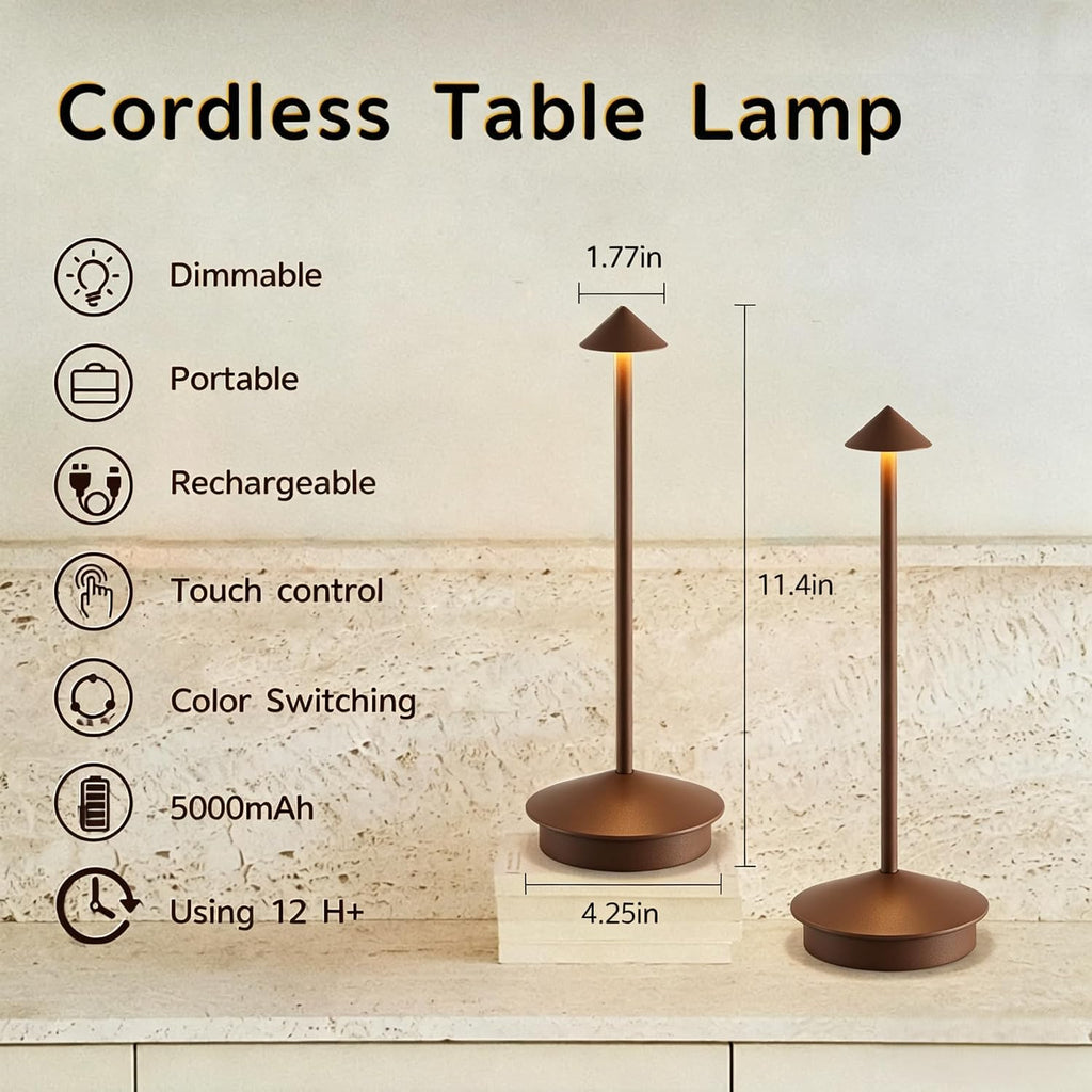 EJQ 2 Pack LED Cordless Table Lamp, Portable 6000mAh Rechargeable Aluminum, Touch Control Outdoor Table Lamp, 3 Color Dimmable Cordless Table Lamps for Restaurant, Patio, Bedroom, Outdoor - Brown